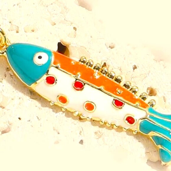 AQUA, ORANGE AND WHITE ENAMEL AND 18K GOLD DIP DAINTY FISH PENDANT NECKLACE - Picture 1 of 1